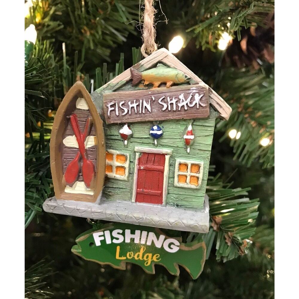 Fishing Shack Lodge Ornament Christmas Tree Outdoorsman Hunter Boat Fish - Picture 4 of 4